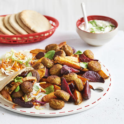 pita with roasted vegetables and falafel