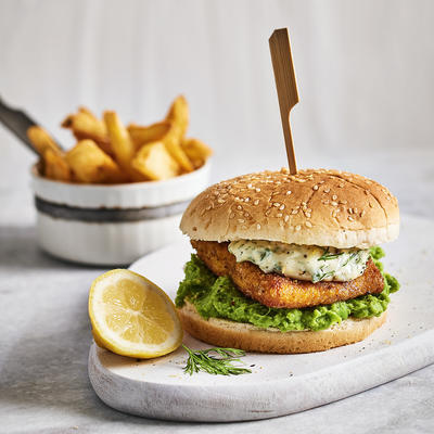 salmon burger with pea puree and fries