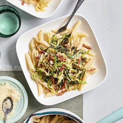 penne with green cabbage and bacon