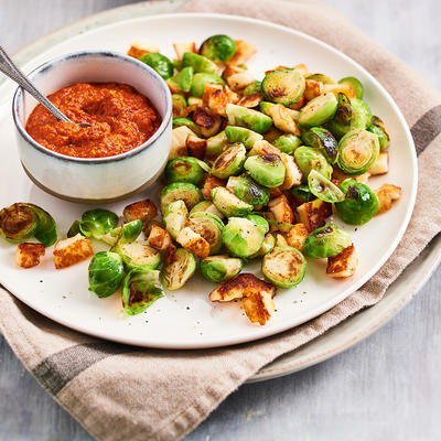 roasted Brussels sprouts with halloumi and paprika tapenade