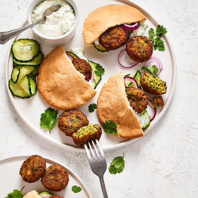 pita falafel with sweet and sour cucumber and tzatziki