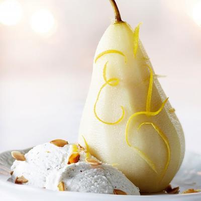 poached pear with vanilla cotta