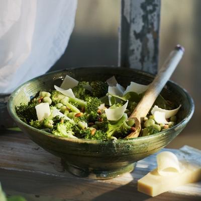 lukewarm garden bean salad with broccoli and pine nuts