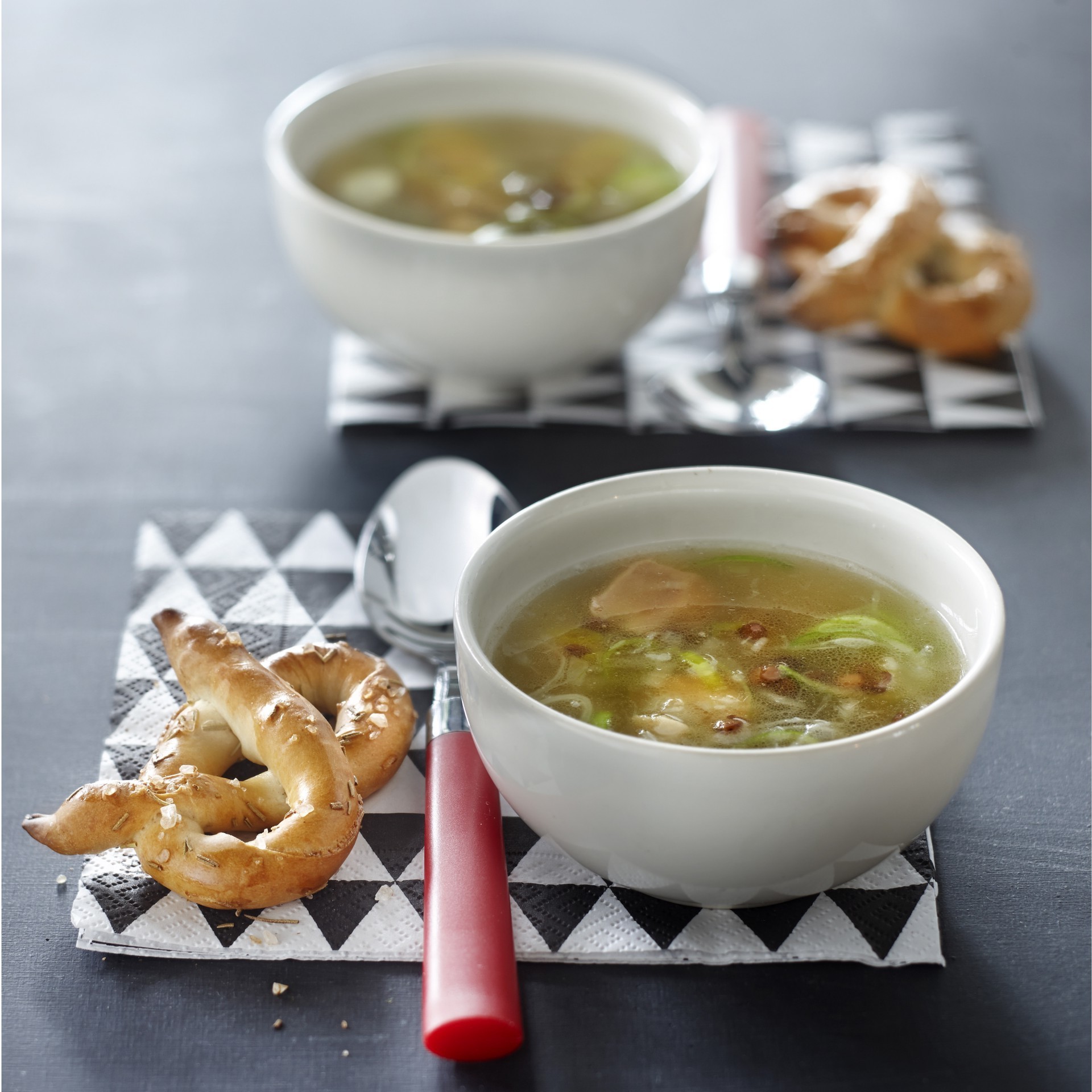 Chicken-lentil broth with pretzels Chicken-lentil broth with pretzels