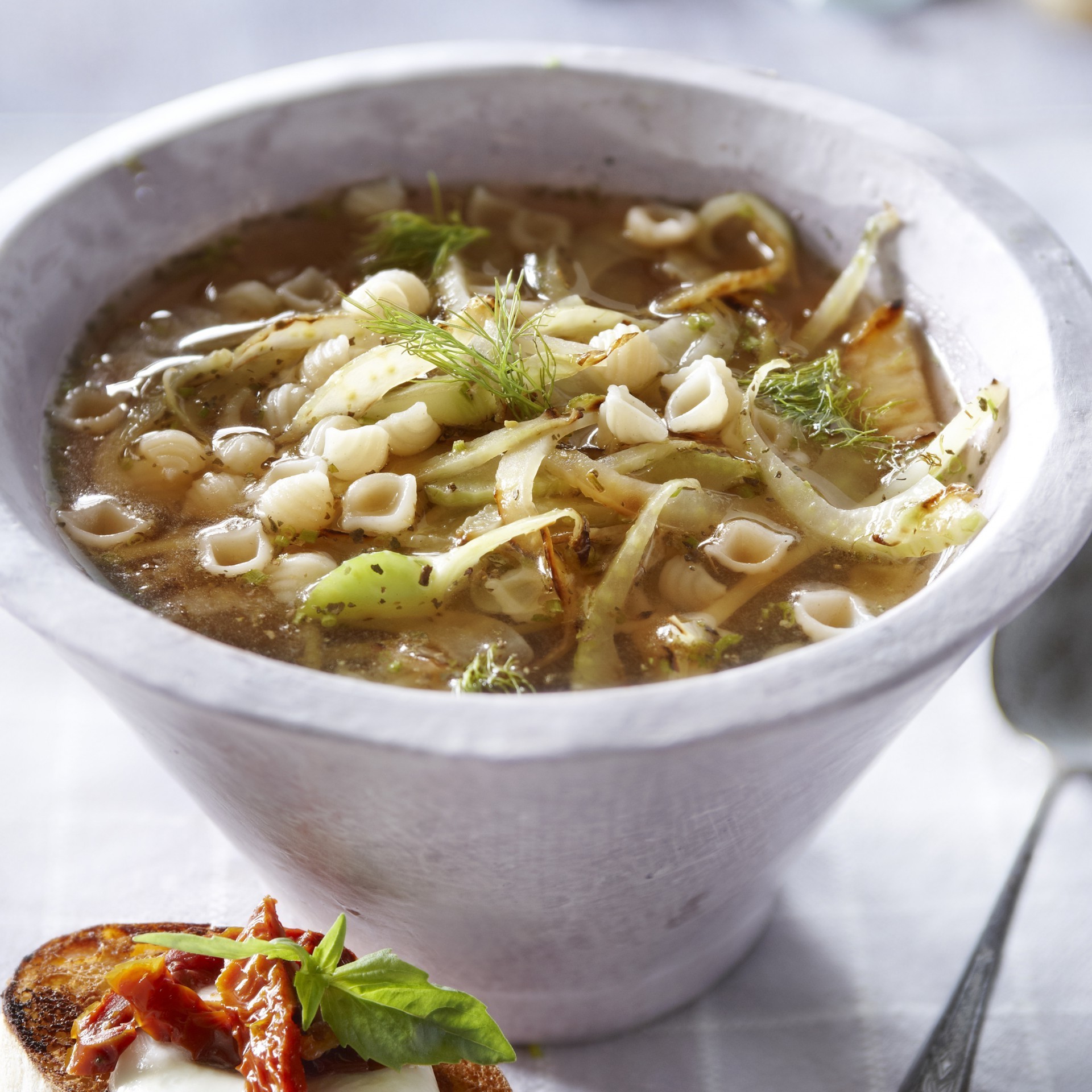 Fennel soup with mozzarellacrostini Fennel soup with mozzarellacrostini