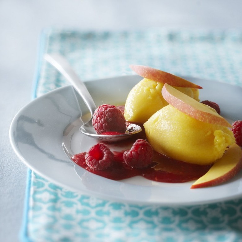 Mango lime sorbet and fresh raspberry sauce Mango lime sorbet and fresh raspberry sauce