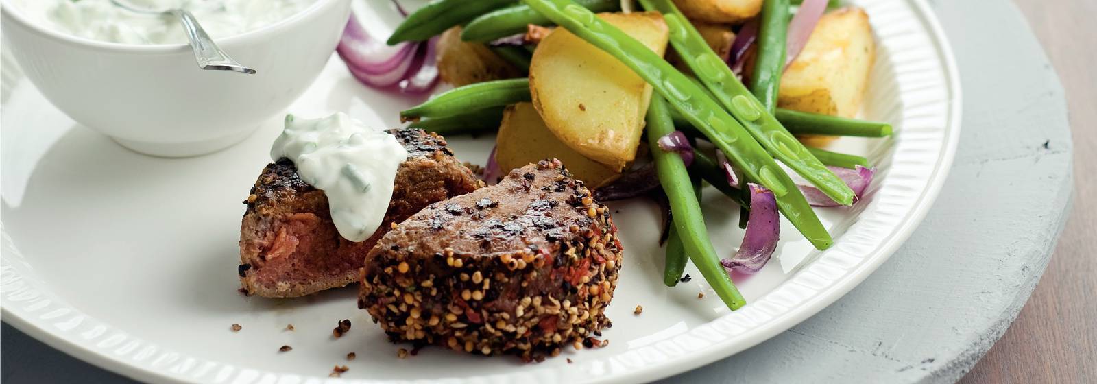 Pepper steaks with chive quark Pepper steaks with chive quark