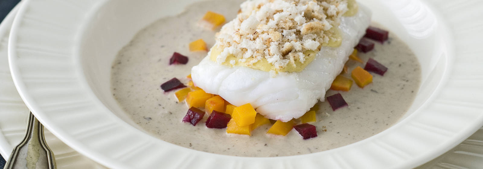 Cod with pumpkin and beetroot in veal cream sauce Cod with pumpkin and beetroot in veal cream sauce